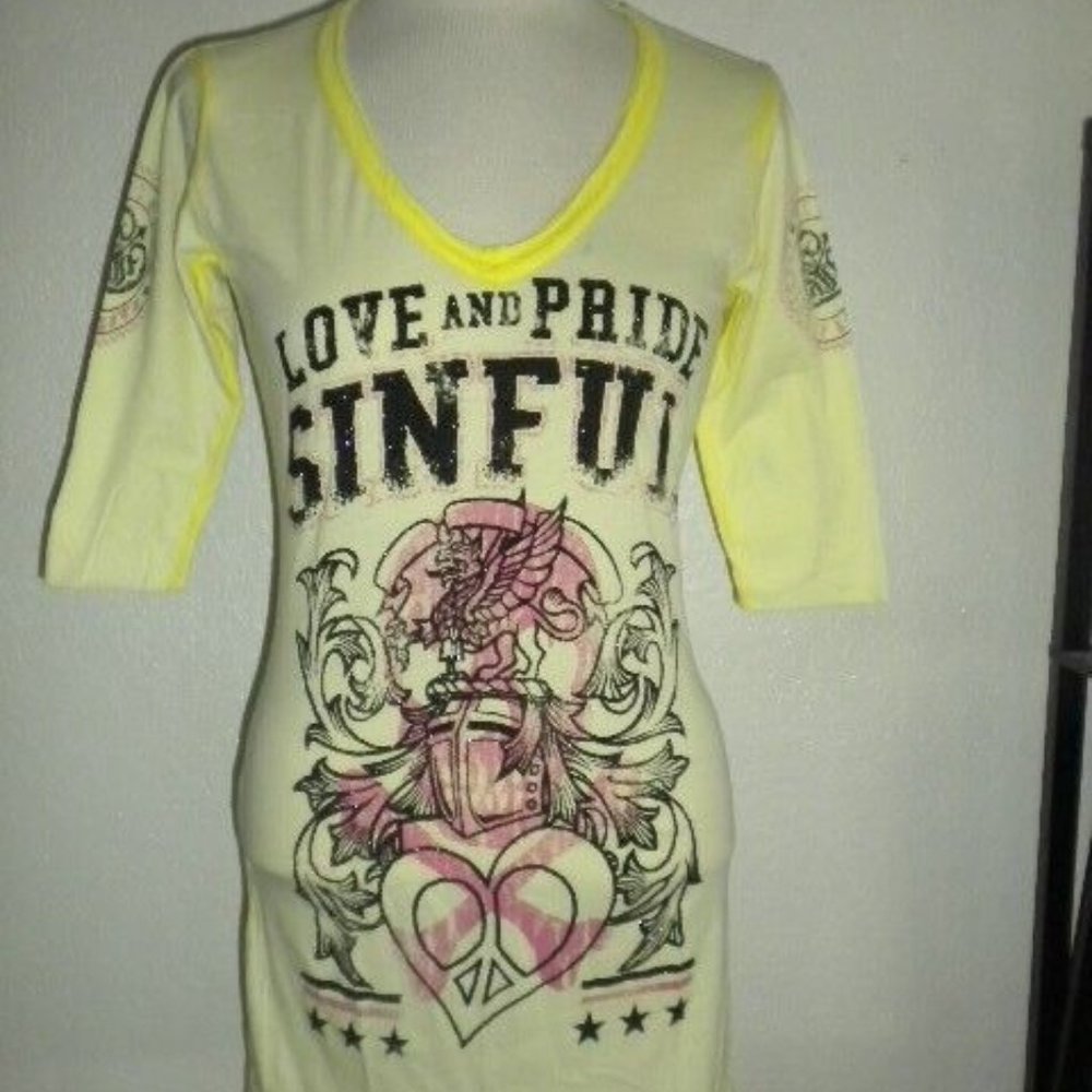 SINFUL AFFLICTION LOVE AND PRIDE MS SIZES BUTTERCUP YELLOW V-NECK TISSUE TOP